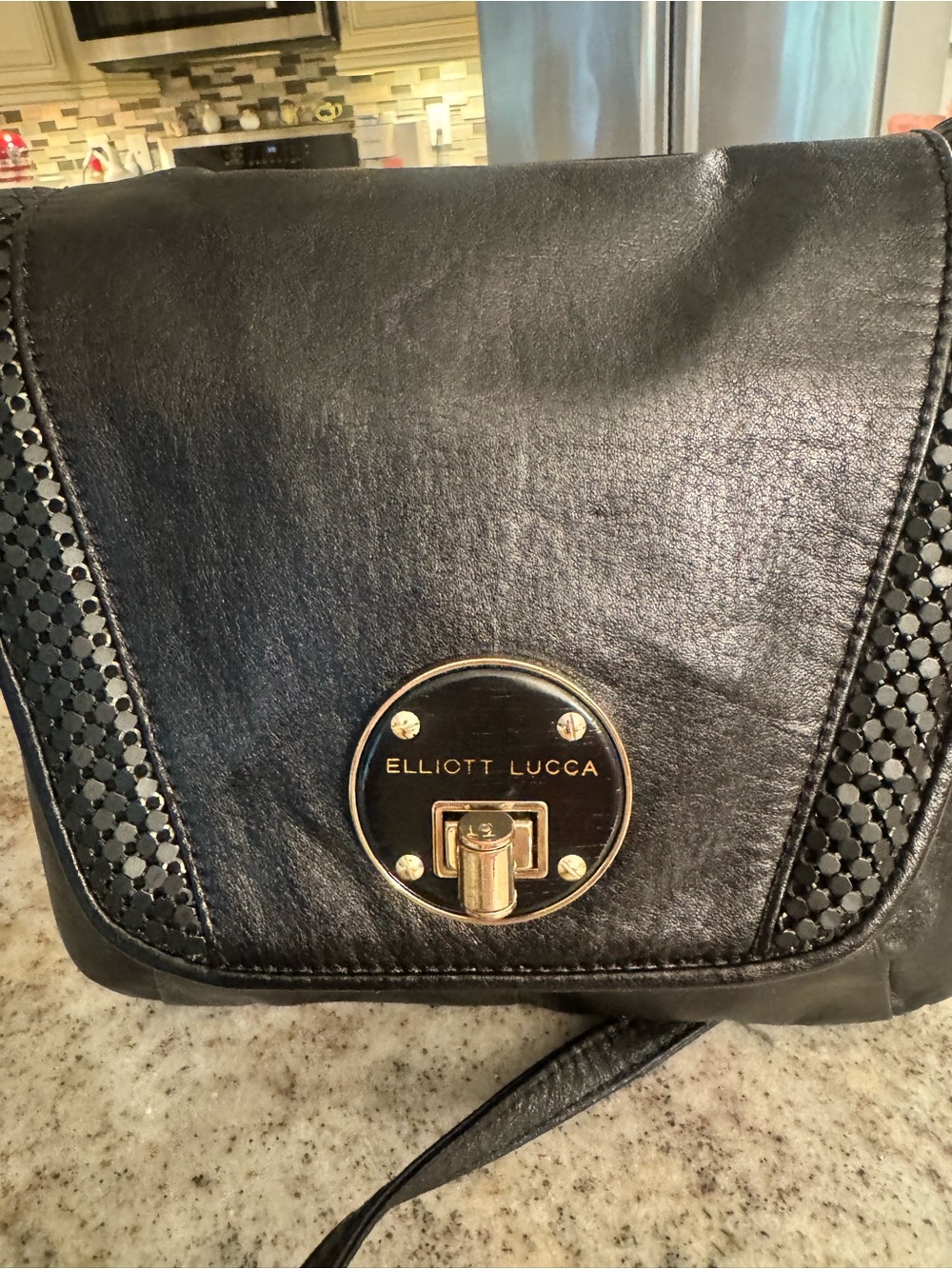 Elliott Lucca Black Leather Crossbody with Gold Turn-Lock